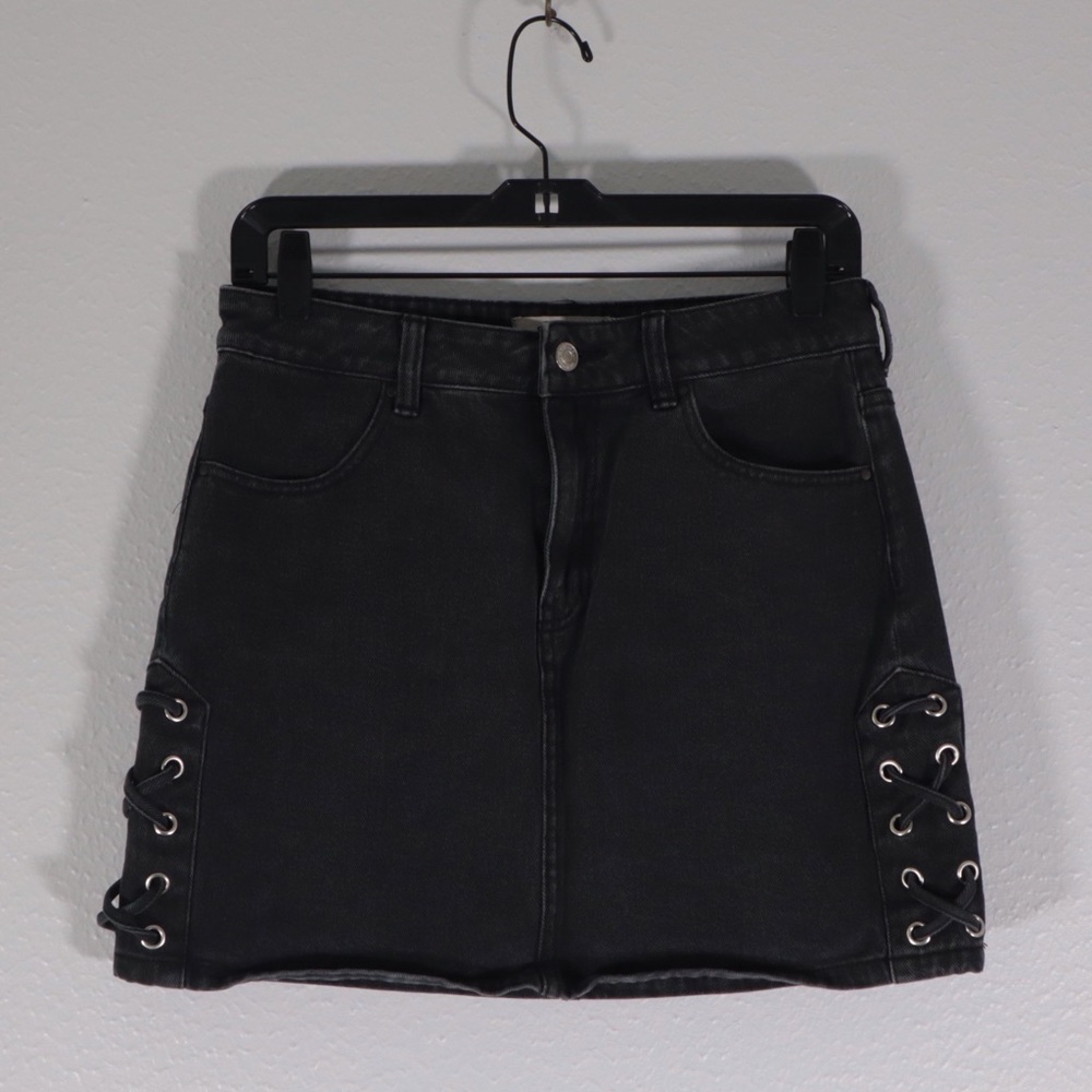 Black denim mini skirt with tie details